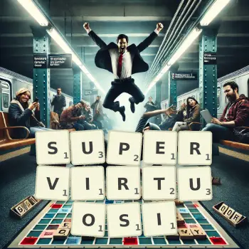 Creative illustration for a Scrabble game with the word SUPERVIRTUOSI spelled out in tiles on the board.