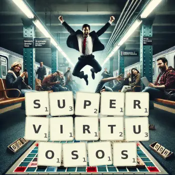 Creative illustration for a Scrabble game with the word SUPERVIRTUOSOS spelled out in tiles on the board.