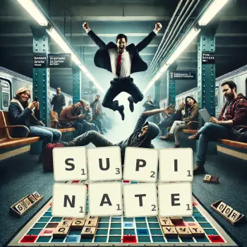 Creative illustration for a Scrabble game with the word SUPINATE spelled out in tiles on the board.