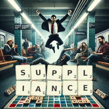 Creative illustration for a Scrabble game with the word SUPPLIANCE spelled out in tiles on the board.