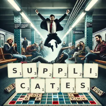 Creative illustration for a Scrabble game with the word SUPPLICATES spelled out in tiles on the board.