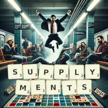 Creative illustration for a Scrabble game with the word SUPPLYMENTS spelled out in tiles on the board.