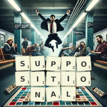 Creative illustration for a Scrabble game with the word SUPPOSITIONAL spelled out in tiles on the board.