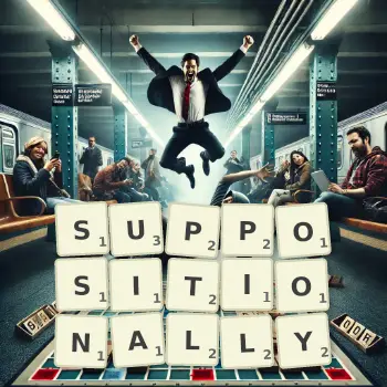 Creative illustration for a Scrabble game with the word SUPPOSITIONALLY spelled out in tiles on the board.