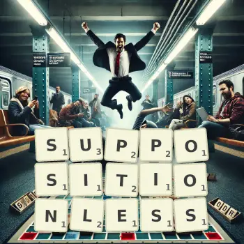 Creative illustration for a Scrabble game with the word SUPPOSITIONLESS spelled out in tiles on the board.
