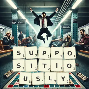 Creative illustration for a Scrabble game with the word SUPPOSITIOUSLY spelled out in tiles on the board.
