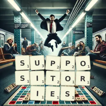 Creative illustration for a Scrabble game with the word SUPPOSITORIES spelled out in tiles on the board.