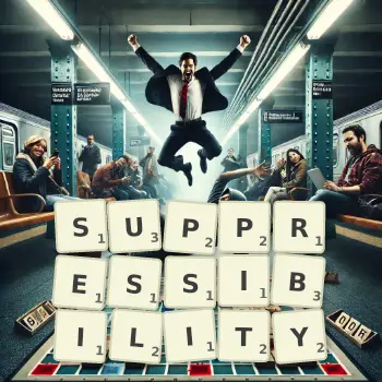 Creative illustration for a Scrabble game with the word SUPPRESSIBILITY spelled out in tiles on the board.