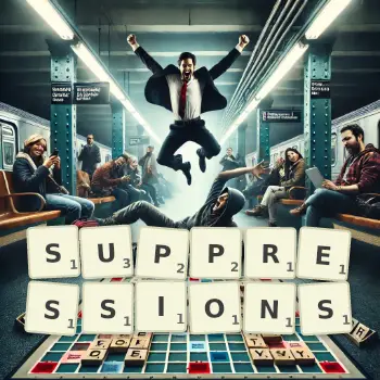 Creative illustration for a Scrabble game with the word SUPPRESSIONS spelled out in tiles on the board.
