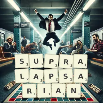 Creative illustration for a Scrabble game with the word SUPRALAPSARIAN spelled out in tiles on the board.