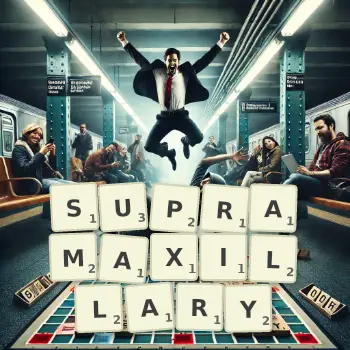 Creative illustration for a Scrabble game with the word SUPRAMAXILLARY spelled out in tiles on the board.