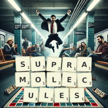 Creative illustration for a Scrabble game with the word SUPRAMOLECULES spelled out in tiles on the board.