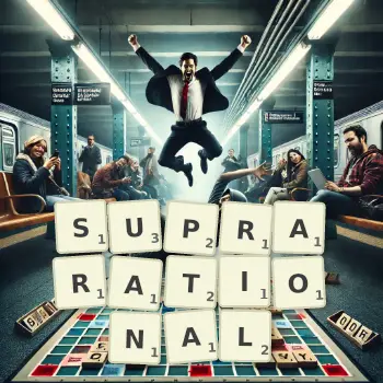 Creative illustration for a Scrabble game with the word SUPRARATIONAL spelled out in tiles on the board.