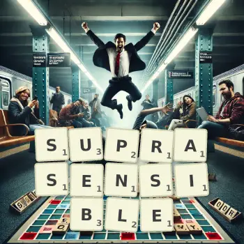 Creative illustration for a Scrabble game with the word SUPRASENSIBLE spelled out in tiles on the board.