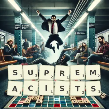 Creative illustration for a Scrabble game with the word SUPREMACISTS spelled out in tiles on the board.