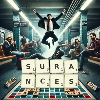 Creative illustration for a Scrabble game with the word SURANCES spelled out in tiles on the board.