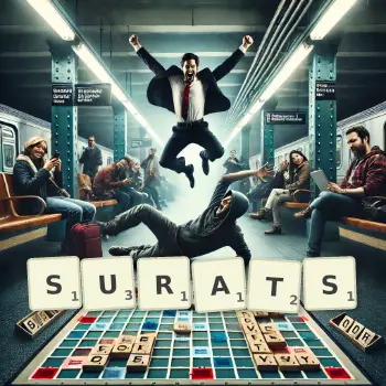 Creative illustration for a Scrabble game with the word SURATS spelled out in tiles on the board.