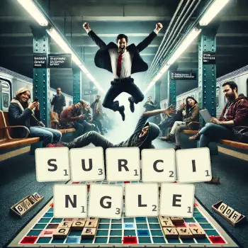 Creative illustration for a Scrabble game with the word SURCINGLE spelled out in tiles on the board.