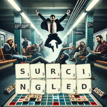 Creative illustration for a Scrabble game with the word SURCINGLED spelled out in tiles on the board.