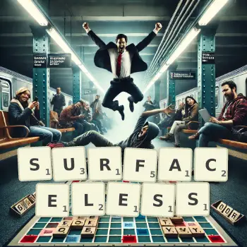 Creative illustration for a Scrabble game with the word SURFACELESS spelled out in tiles on the board.