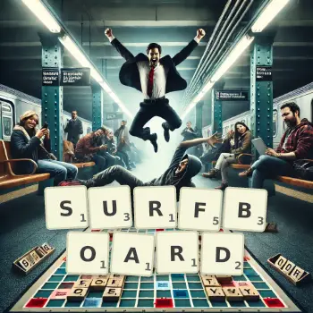 Creative illustration for a Scrabble game with the word SURFBOARD spelled out in tiles on the board.
