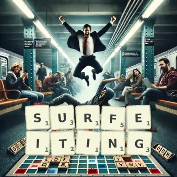 Creative illustration for a Scrabble game with the word SURFEITING spelled out in tiles on the board.