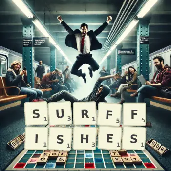 Creative illustration for a Scrabble game with the word SURFFISHES spelled out in tiles on the board.