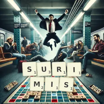 Creative illustration for a Scrabble game with the word SURIMIS spelled out in tiles on the board.