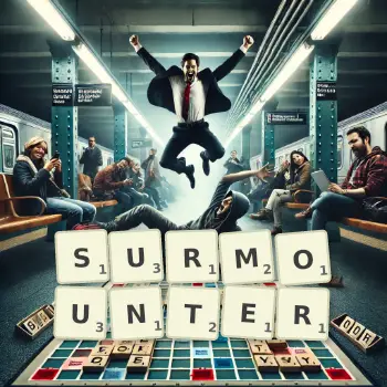 Creative illustration for a Scrabble game with the word SURMOUNTER spelled out in tiles on the board.