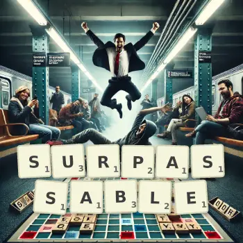 Creative illustration for a Scrabble game with the word SURPASSABLE spelled out in tiles on the board.