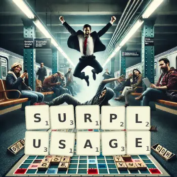Creative illustration for a Scrabble game with the word SURPLUSAGE spelled out in tiles on the board.
