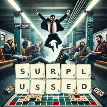 Creative illustration for a Scrabble game with the word SURPLUSSED spelled out in tiles on the board.