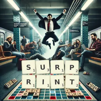 Creative illustration for a Scrabble game with the word SURPRINT spelled out in tiles on the board.