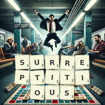 Creative illustration for a Scrabble game with the word SURREPTITIOUS spelled out in tiles on the board.