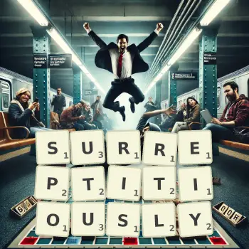Creative illustration for a Scrabble game with the word SURREPTITIOUSLY spelled out in tiles on the board.