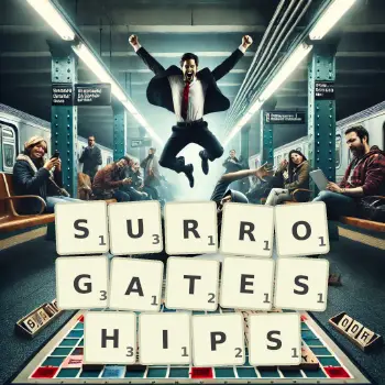 Creative illustration for a Scrabble game with the word SURROGATESHIPS spelled out in tiles on the board.