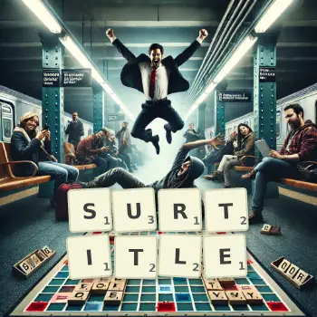 Creative illustration for a Scrabble game with the word SURTITLE spelled out in tiles on the board.