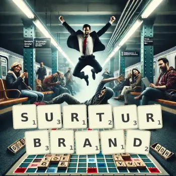 Creative illustration for a Scrabble game with the word SURTURBRAND spelled out in tiles on the board.