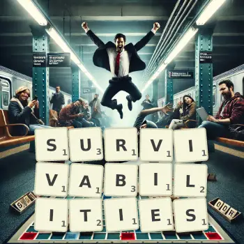 Creative illustration for a Scrabble game with the word SURVIVABILITIES spelled out in tiles on the board.