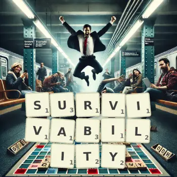 Creative illustration for a Scrabble game with the word SURVIVABILITY spelled out in tiles on the board.