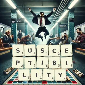 Creative illustration for a Scrabble game with the word SUSCEPTIBILITY spelled out in tiles on the board.