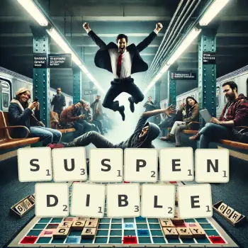 Creative illustration for a Scrabble game with the word SUSPENDIBLE spelled out in tiles on the board.