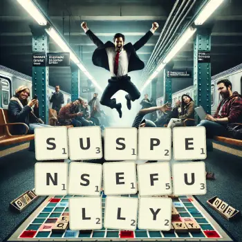 Creative illustration for a Scrabble game with the word SUSPENSEFULLY spelled out in tiles on the board.
