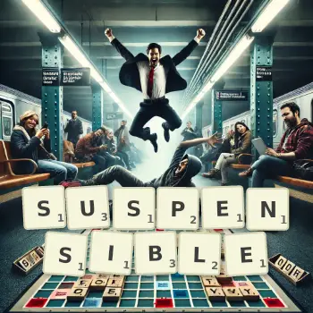 Creative illustration for a Scrabble game with the word SUSPENSIBLE spelled out in tiles on the board.