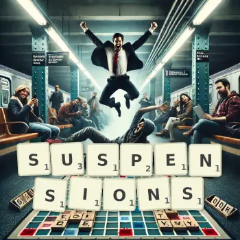 Creative illustration for a Scrabble game with the word SUSPENSIONS spelled out in tiles on the board.