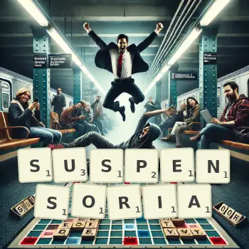 Creative illustration for a Scrabble game with the word SUSPENSORIA spelled out in tiles on the board.
