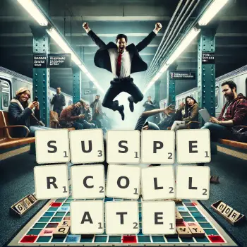 Creative illustration for a Scrabble game with the word SUSPERCOLLATE spelled out in tiles on the board.