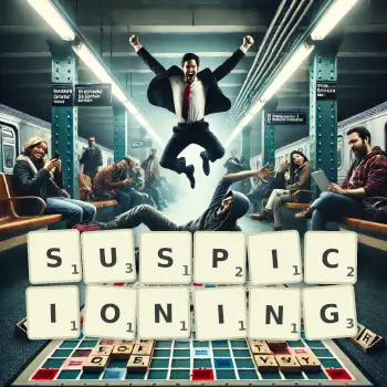 Creative illustration for a Scrabble game with the word SUSPICIONING spelled out in tiles on the board.