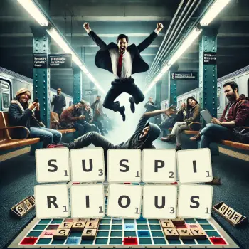 Creative illustration for a Scrabble game with the word SUSPIRIOUS spelled out in tiles on the board.