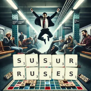 Creative illustration for a Scrabble game with the word SUSURRUSES spelled out in tiles on the board.